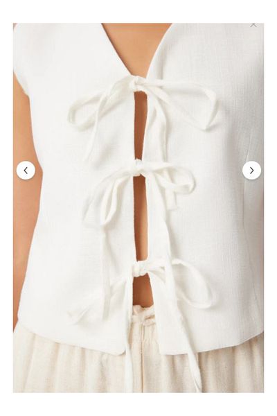 Namaste Vintage White Color V-Neck Bow Linen Crop Vest