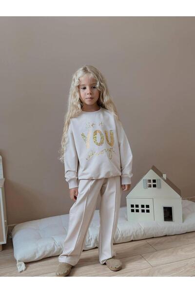 YİGİT BUTİK Glitter Printed Long Sleeve Girl's Bottom Top Set
