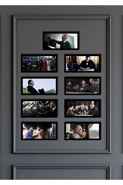 NT Handmade Ataturk 12 Piece Painting Set - 20X10 cm Mdf Uv Printing Black Frame Look Wall Decoration