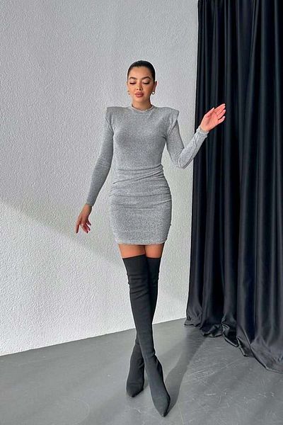 FashionForYou MiraBELL elegant dress, bodycon and oversized shoulder cut, Silver, M