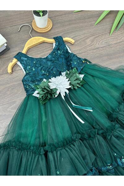 seanto “Kız Çocuk Abiye Elbise Tüllü Kat Kat Fırfırlı Çiçek Detaylı Davet & Özel Gün Elbisesi