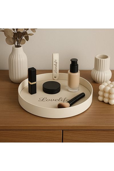 Fiyakalı Ürünler Atölyesi Cream Color Metal Presentation Tray, Makeup Organizer, Jewelry, Bathroom Objects Collection Tray, Leather Based