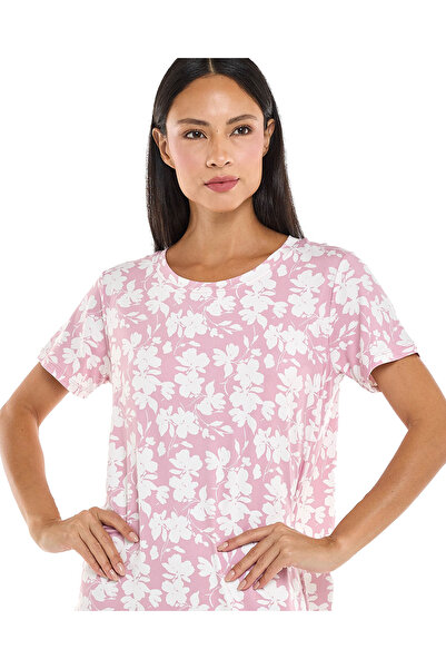 R&B Floral Patterned Nightdress with Crew Neck and Short Sleeves