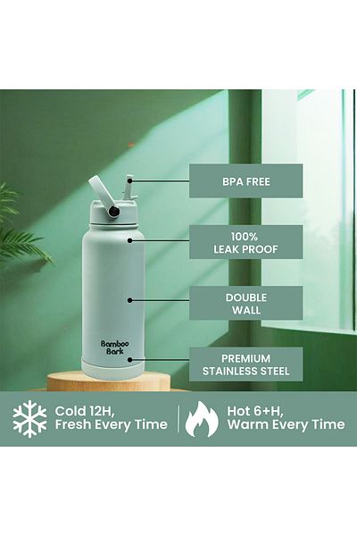 Bamboo Bark 1000 ML Insulated Water Bottle with Sipper Lid – Stainless Steel Double Wall Vacuum Flask