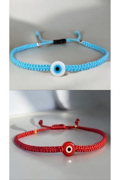Bensei Takı Dükkanı Bensei̇ Red Glass Evil Eye Beaded Red and White Glass Evil Eye Beaded Blue 2Pcs Bracelet