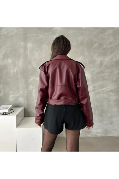 La Querta Belted Oversize Crop Leather Jacket Lq