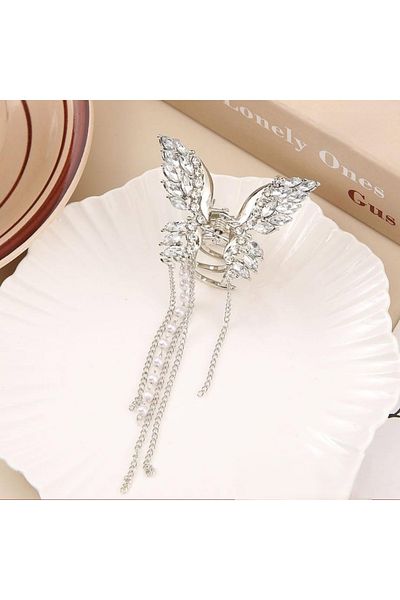 Efna Store Wheat Figured Zircon Stone Pearl Hanging Butterfly Model 6 cm Silver Color Latch Women's Buckle