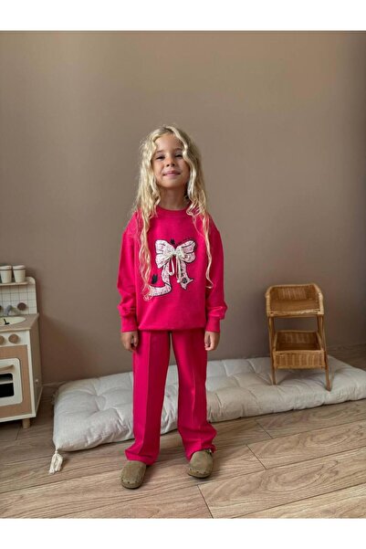 YİGİT BUTİK طقم ملابس علوية وسفلية بأكمام طويلة مطبوعة بفيونكة للفتيات