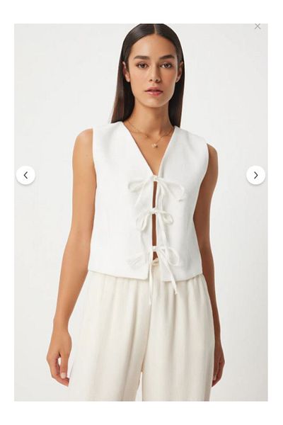 Namaste Vintage White Color V-Neck Bow Linen Crop Vest
