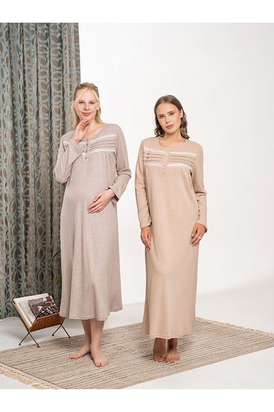 BLACKMORE Mink Melange Lace Detailed Cotton Oversized (Large Size) Long Sleeve Nightgown