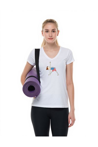 Kidilia Yoga Line Figure Visual Women's V-Neck 100% Cotton Design T-Shirt