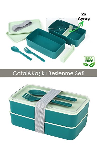NY HOME Lunch Box 2 Layer Adjustable Cutlery Food Storage Container Green