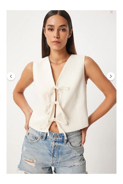 Namaste Vintage Cream Color V-Neck Bow Linen Crop Vest