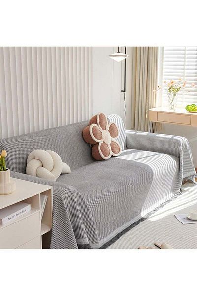 Generic KYD Nordic Style 3-Seater Sofa Slipcover - Reversible Knitted Couch Cover with Tassels, Soft & Wash