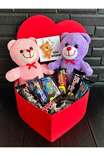 Flurose Sevgiliye Dogum Gunu Hediyesi Kalp Kutuda Pembe - Mor Ayıcıklı Bitter...