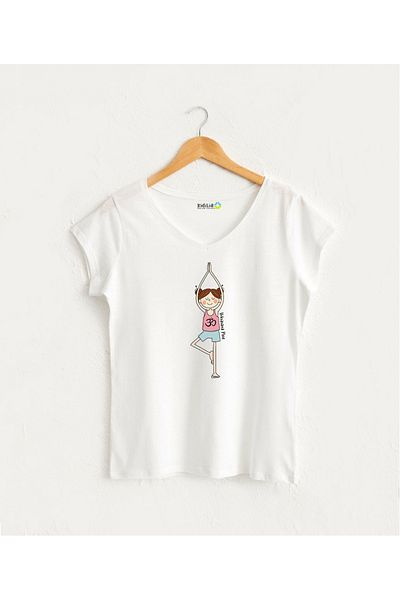 Kidilia Yoga Line Figure Visual Women's V-Neck 100% Cotton Design T-Shirt