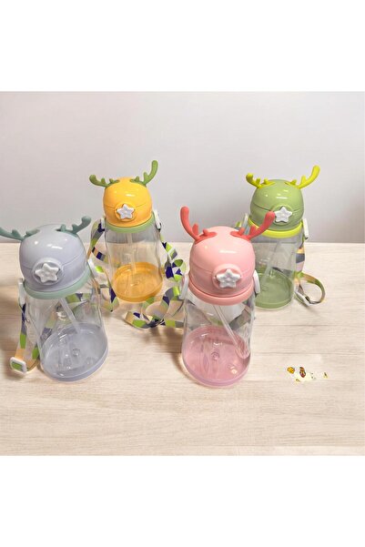 Online Home Market Children's School Water Bottle 500ml. (Matara) Deer Figured Carry Strap with Straw Bpa Free
