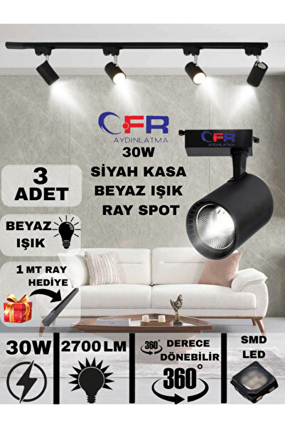 CFR LED AYDINLATMA 30W 2700 LM SİYAH KASA BEYAZ IŞIK RAY SPOT 3,4,6,8,10,12,15,20 ADET