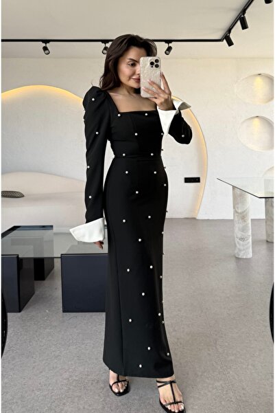 Afiş Butik Siyah Kare Yaka İncili Kol Detaylı Uzun Elbise