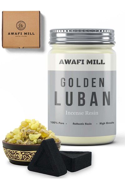 Generic Awafi Mill Frankincense Tears Golden Luban | Aromatic Resins with Triangle Charcoal Tablet