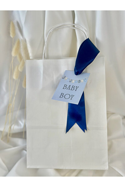 ATOLYE498 10 ADET MAVİ BABY BOY ETİKETLİ BEYAZ KRAFT KAĞIT-KARTON ÇANTA-HEDİYELİK ÇANTA/DOĞUM GÜNÜ/YENİ DOĞAN