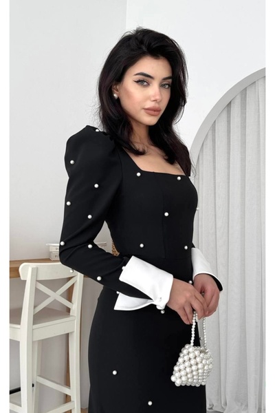 Afiş Butik Siyah Kare Yaka İncili Kol Detaylı Uzun Elbise