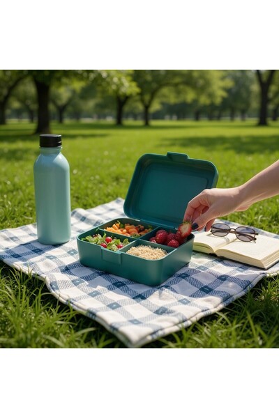 NY HOME Square Lunch Box 2 Layer Adjustable Fork Spoon Food Storage Container Green