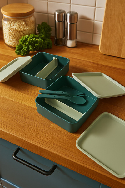 NY HOME Square Lunch Box 2 Layer Adjustable Fork Spoon Food Storage Container Green