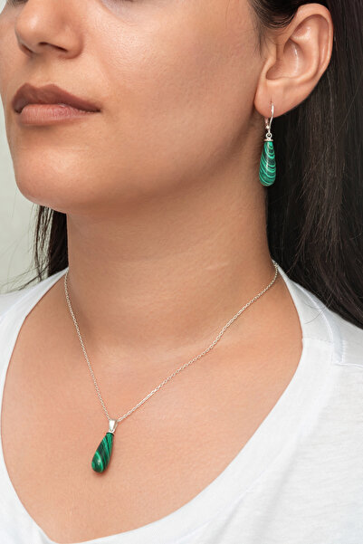 esem gold 925 AYAR MALAYİT YEŞİLİ DOĞAL TAŞLI DAMLA GÜMÜŞ KOLYE VE KÜPE