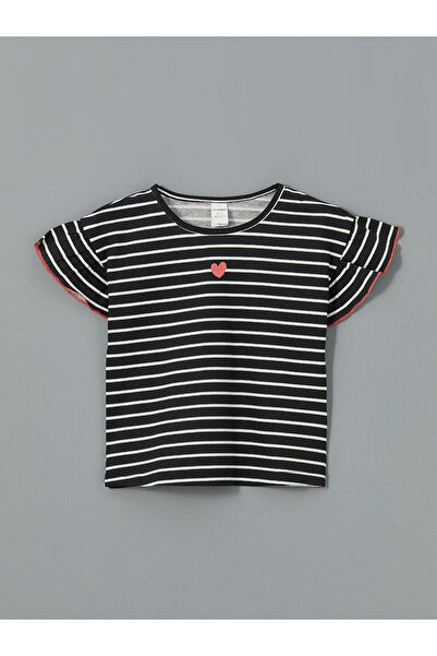LC Waikiki Trendlucky Striped Combed Cotton Girls' T-Shirt with Oval Collar
