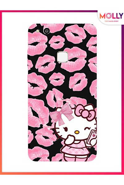 Molly Huawei P10 Lite İçin Siyah Pink Kiss Kitty Desenli Silikon Kılıf