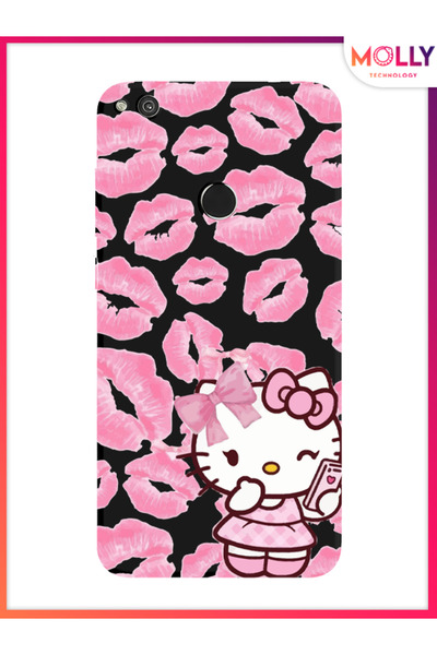 Molly Huawei P 9 Lite 2017 İçin Siyah Pink Kiss Kitty Desenli Silikon Kılıf