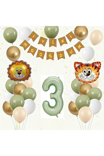 DÜVENCİ TİCARET SAFARİ TEMALI ASLAN KAPLAN KAFA FOLYO BALONLU YAŞ BALON SET