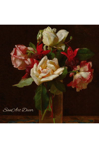 Sanart Pictură de epocă cu cadru, pictură imprimată în ulei, pictură înrămată, decor artistic, pictură cu flori