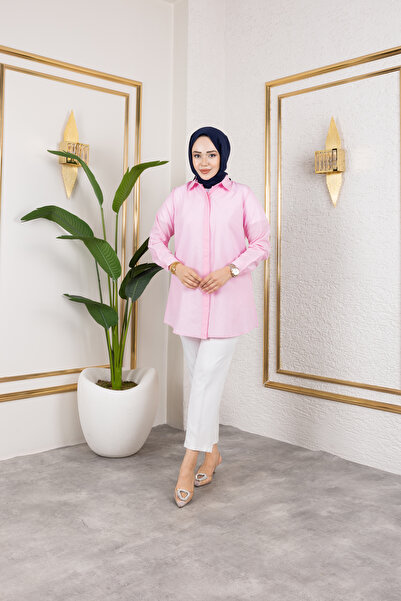 Eliva Women's Pink Powder Terikoton Hidden Button Boyfriend Hijab Shirt