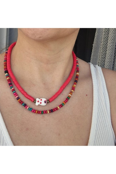 Pinkimaj Summer Necklace Red 2 Pieces Murano Glass Fish Fimo and Wooden Bead Necklaces