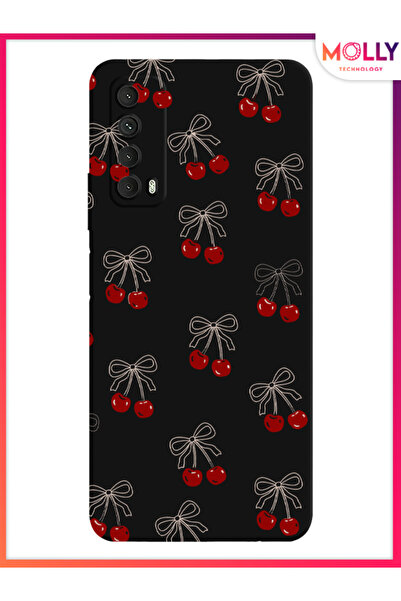 Molly Huawei P Smart 2021 İçin Siyah Cherry Desenli Silikon Kılıf
