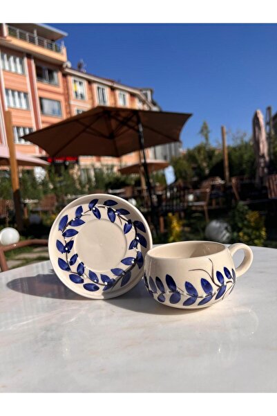 evlashop Mavi Yaprak Desenli Seramik Tabaklı Kupa/mug/Fincan