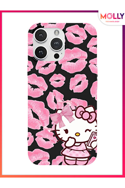 Molly iPhone 14 Pro İçin Siyah Pink Kiss Kitty Desenli Silikon Kılıf