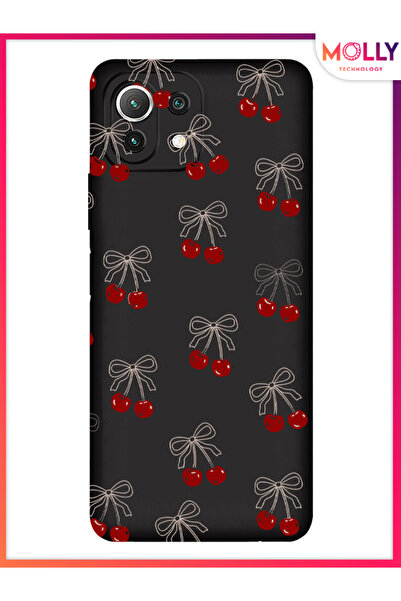 Molly Xiaomi Mi 11 Lite İçin Siyah Cherry Desenli Silikon Kılıf