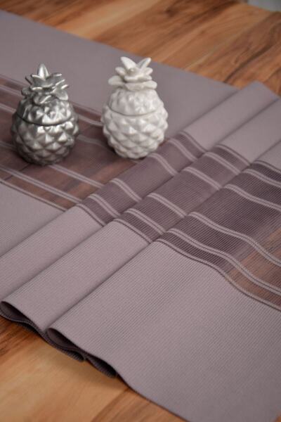 PerdeClick Gri Renk Çizgili Dekoratif Lazer Kesim Runner Masa Örtüsü 40 x 140