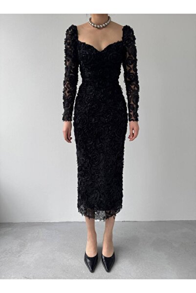 zoezoe Üç Boyutlu Gül Aplikeli Kalp Yaka Bordo Elbise