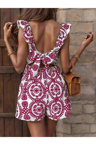 etol textile Women's suspender square neck lace up back patterned linen jumpsuit