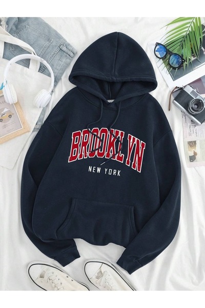 Flood Of Style Синій унісекс синій Бруклін Нью-Йорк з принтом 3 нитки з капюшоном худі