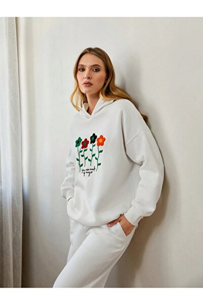 Flood Of Style Hanorac alb pentru femei You Are Flower cu imprimeu cu glugă