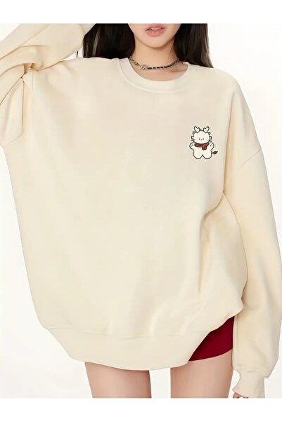 Flood Of Style Beige Women's Beige Figure Plush Printed Crew Neck