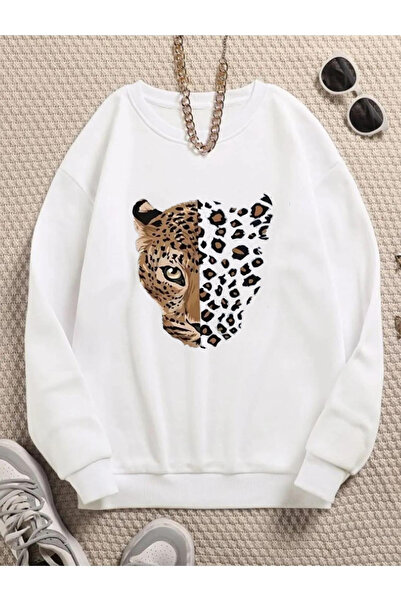 Flood Of Style White Unisex White Leopard Printed Crew Neck Oversize