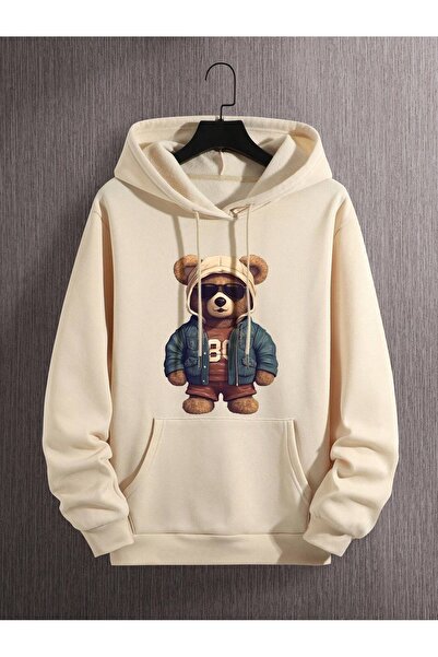 Flood Of Style Hanorac unisex bej Ursul cu ochelari cu imprimeu cu glugă