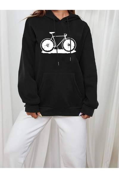 Flood Of Style Hanorac negru pentru femei Black Figure Bike cu imprimeu 3 Thr...