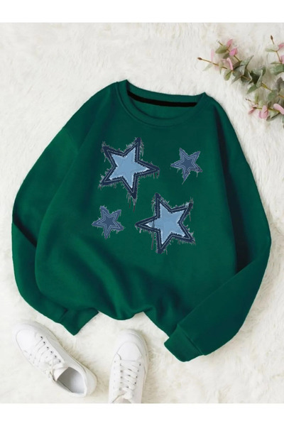 Flood Of Style Green Women's Nefti Green Light Star Printed Crew Neck Oversize